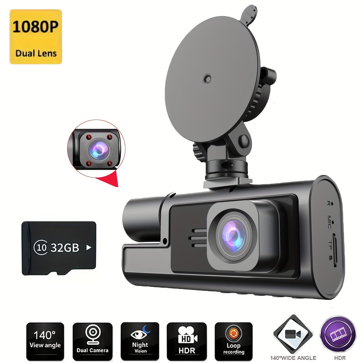 Car Dash Cam Driving Recorder front and rear tachograph, automotive triple tachograph, tachograph with 32GB card, 2160P full HD, G sensor, 170° wide Angle instrument panel with infrared night vision