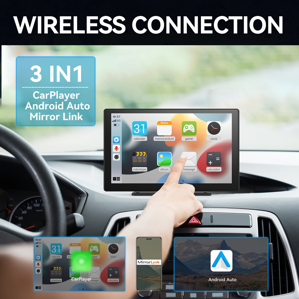 9" Wireless Carplay Screen for Car Stereo - Universal Smart System with Dash Cam, 64G TF Card, GPS Navigation, Mirror Link, FM, Phone Holder Replacement, and Voice Control for All Vehicles