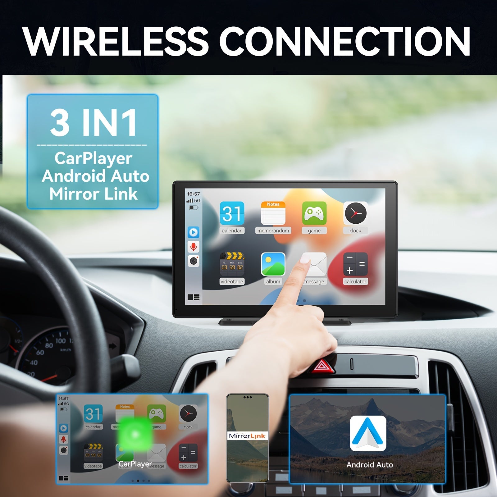 9" Wireless Carplay Screen for Car Stereo - Universal Smart System with Dash Cam, 64G TF Card, GPS Navigation, Mirror Link, FM, Phone Holder Replacement, and Voice Control for All Vehicles