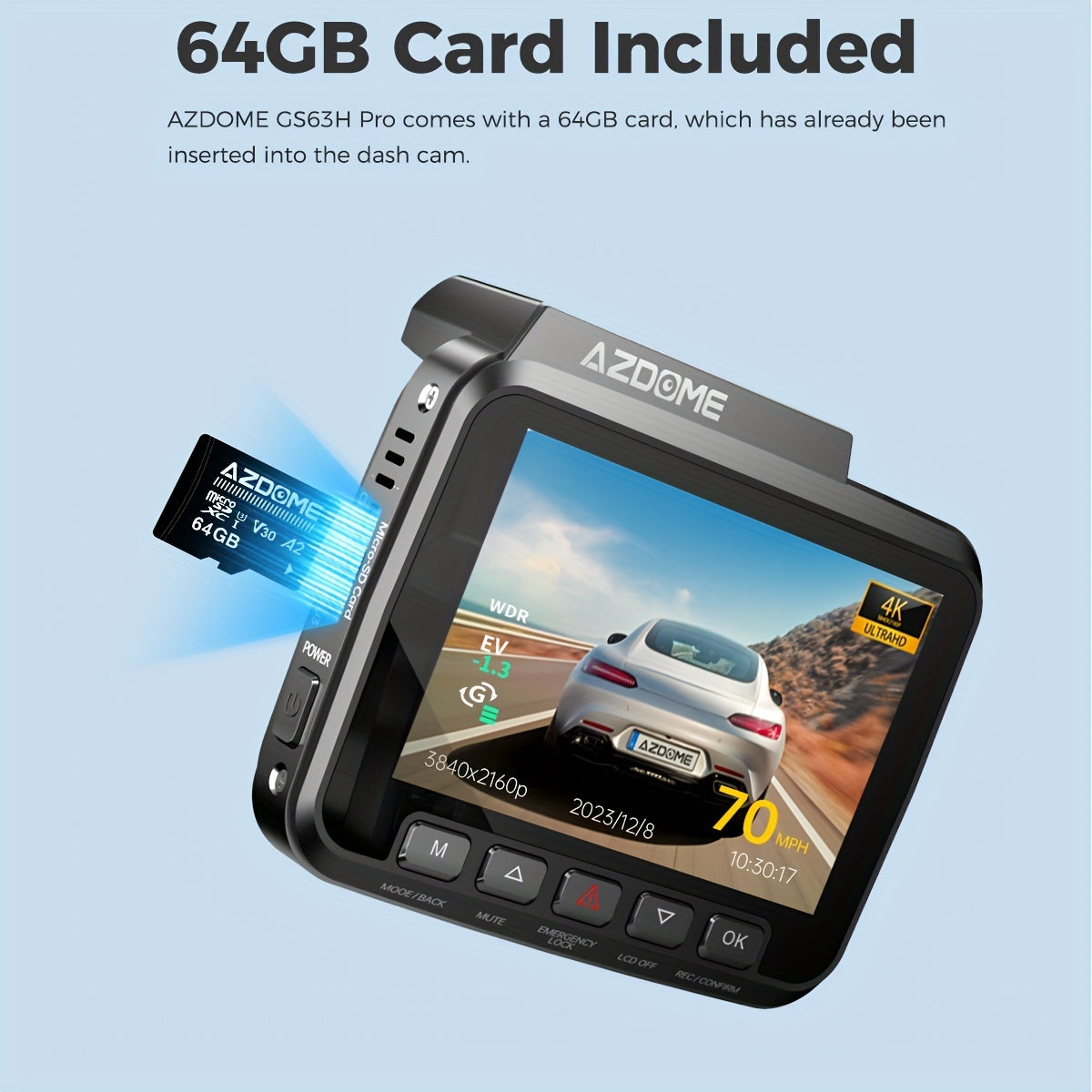 AZDOME GS63H Pro 4K Dash Cam Front And Rear, Built-in GPS, Speed, 5G WiFi Dash Camera For Cars, 2160P UHD 30fps Dashcam With APP, 2.4" IPS Screen, WDR, 64GB Card Included, Super Night Vision, 24H Parking Mode