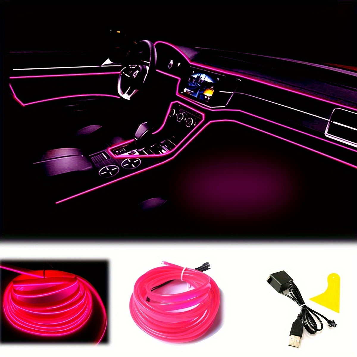 El Wire Pink  Interior Car LED Strip Lights, 10M Neon Wire USB 5V with Fuse Protection for Automotive Car Interior Decoration with 6mm Sewing Edge