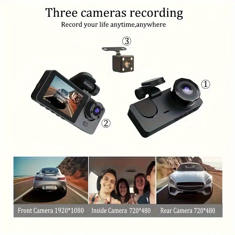32G 3Lens HD Dash Cam Car DVR, Front Inside Rear Wide Angle Night Vision Camera with G-sensor and Loop Recording