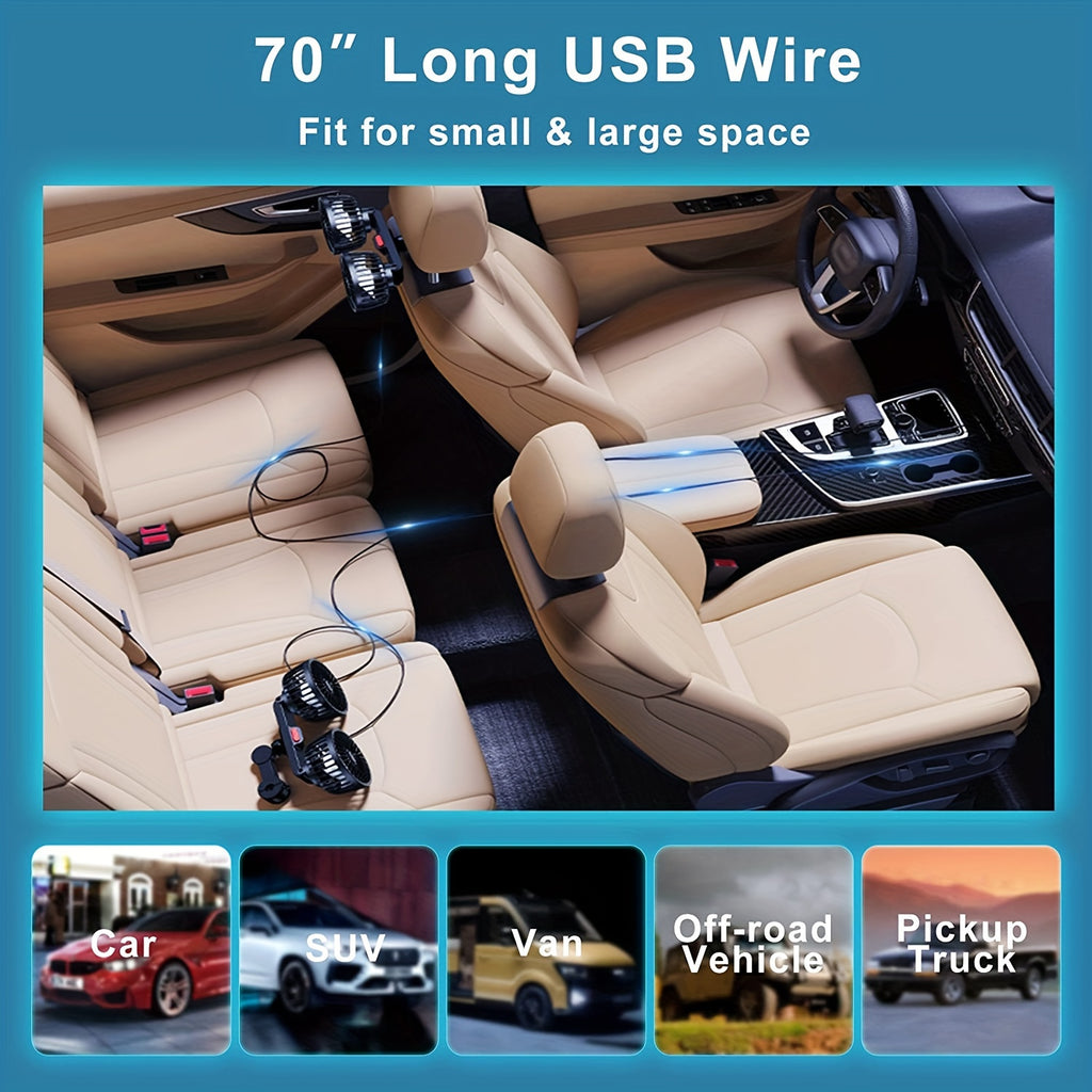 1pc High-Power Dual-Head Car Fan - 360° Rotating Ventilation, Quiet Operation & Secure Clip-On Base - Ideal for Vehicle & Home Use