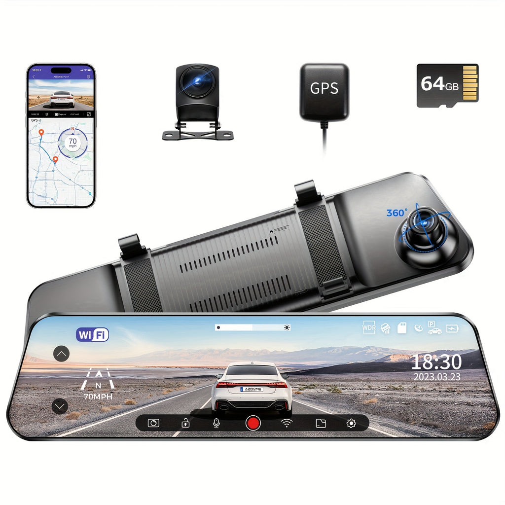 2K UHD Mirror Dash Cam With Backup Cam, AZDOME PG17 12'' Touch Screen Camera for Cars, Front 170° and Rear 150° Wide Visual Angle, Split Screen View Built WiFi, Super Night Vision, Parking Assistance, GPS, WDR, 64G Card Inc
