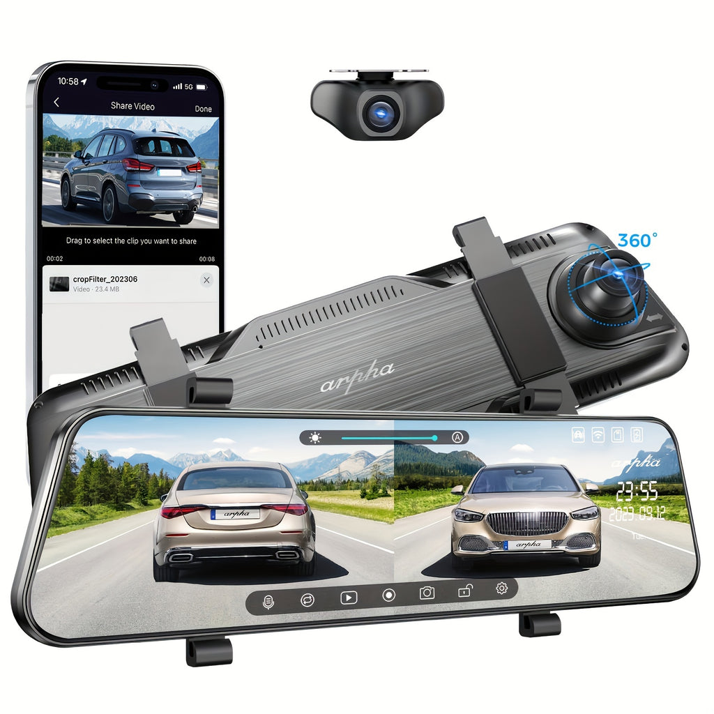 10'' Rear View Mirror Full Touch Screen Mirror Dual Camera, Smart Rearview Mirror For Cars & Trucks, Dash Cam Front 1080P and Rear 720P, App Control With WiFi And GPS, English Voice Control, WDR Super Night Vision, Parking Mo