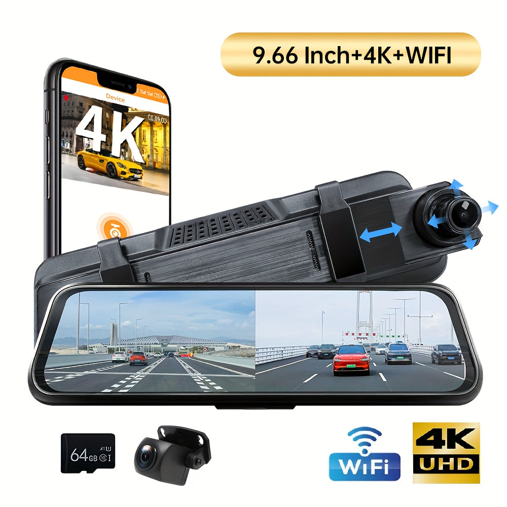 9.66" 4K Mirror Dash Cam Backup Camera, 2160P Full HD Smart Rearview Mirror For Cars & Trucks, Front And Rear View Dual Cameras, Night Vision, Parking Assistance, Included 64GB Card