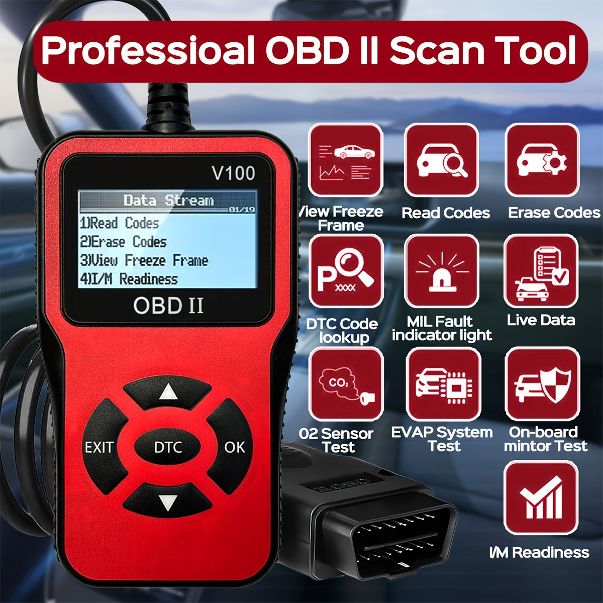 Car OBD2 Diagnostic Scanner Code Reader Engine Fault Code Reader Scanner Can Diagnose Scan Tool For All OBD II Protocol Cars Since 1996, Read Code Erase Code Battery Test Data Stream