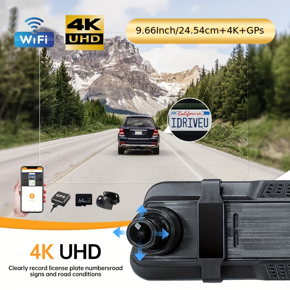 9.66" 4K Mirror Dash Cam Backup Camera, 2160P Full HD Smart Rearview Mirror For Cars & Trucks, Front And Rear View Dual Cameras, Night Vision, Parking Assistance, Included 64GB Card & GPS