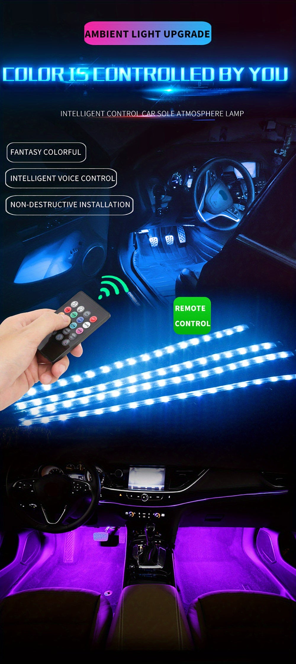 Light Up Your Car With 4pcs 48 LEDs Neon LED Interior Lights - Music Sync, Wireless Remote Control Auto RGB Decorative Lamps