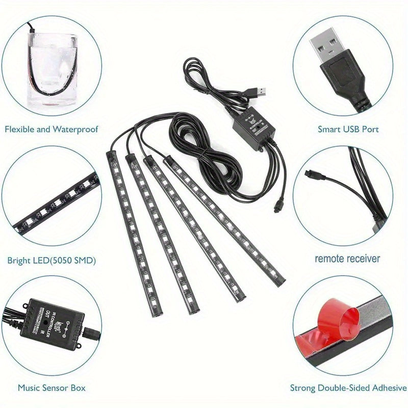 Light Up Your Car With 4pcs 48 LEDs Neon LED Interior Lights - Music Sync, Wireless Remote Control Auto RGB Decorative Lamps