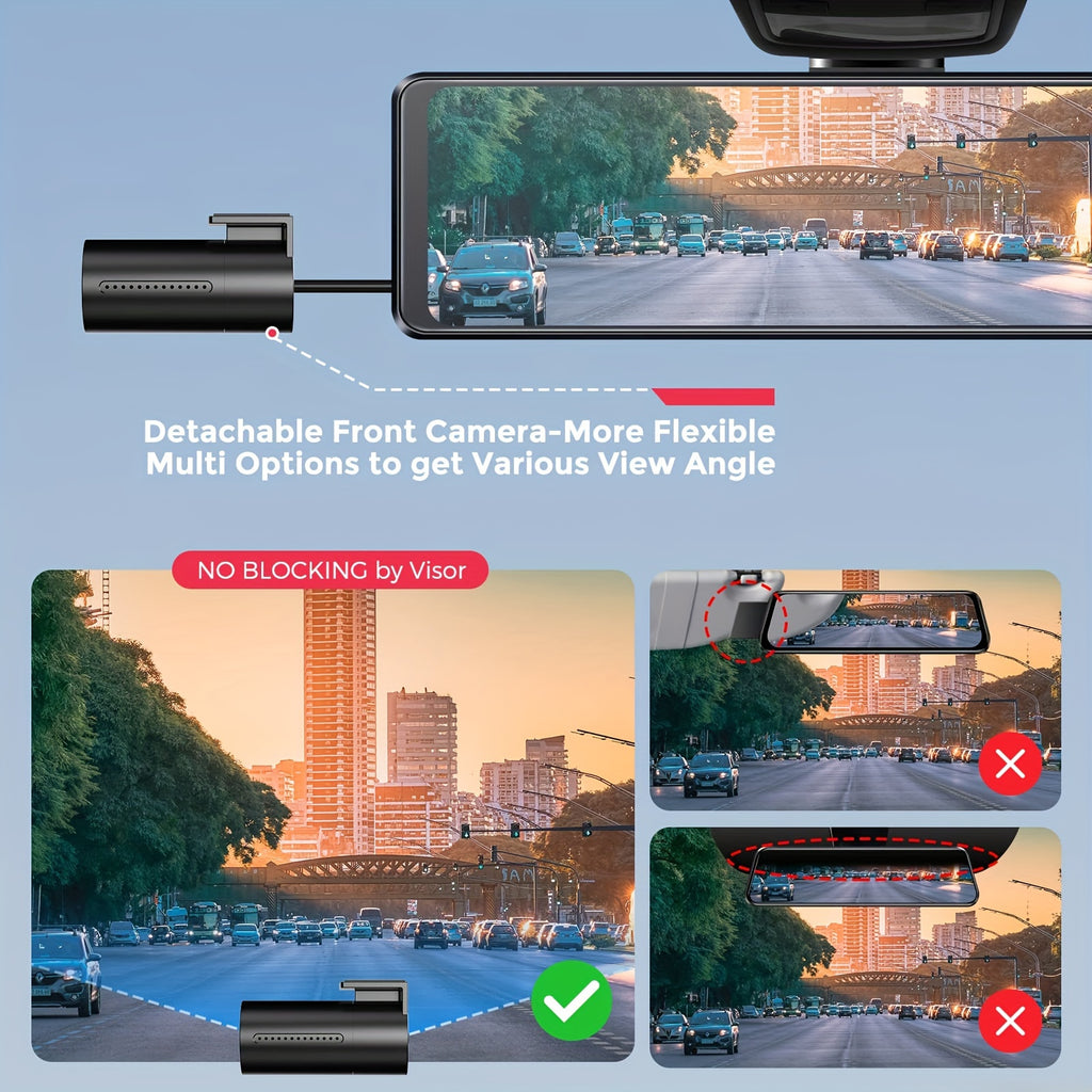 12" FHD 1080P LINGDU Full Touch Screen Mirror Dash Cam with Detached Camera, Super Night Vision, Front and Rear Dual Cameras, Flexible Installation, Backup View Mirror Camera, Includes 64GB Card