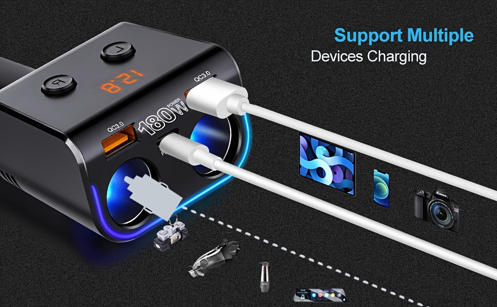Dual QC3.0 Cigarette Lighter USB Charger 180W Car USB Charger with QC3.0 & PD Car Phone Charger Cigarette Lighter Splitter with LED Voltage Display For Phone, iPad, GPS, Dash Cam and More