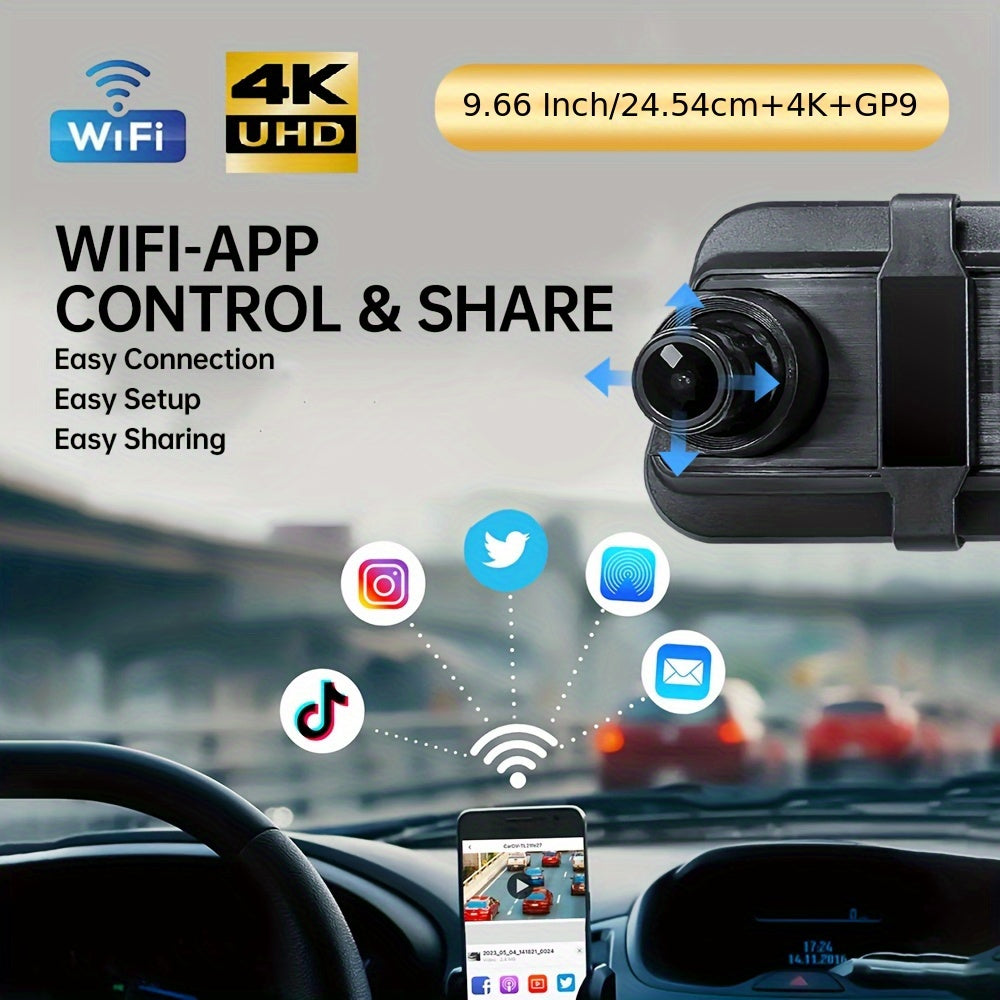 9.66" 4K Mirror Dash Cam Backup Camera, 2160P Full HD Smart Rearview Mirror For Cars & Trucks, Front And Rear View Dual Cameras, Night Vision, Parking Assistance, Included 64GB Card & GPS