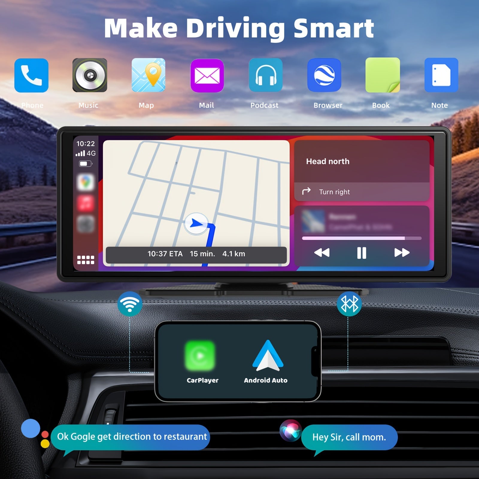 10-Inch Portable Car Player - 4K Dash Cam, Wireless Android Auto Car Play Screen, Voice Control, Mirror Link, Car Audio Receiver with AUX, 64G TF Card, Phone Holder - Upgrade Your Car Entertainment System