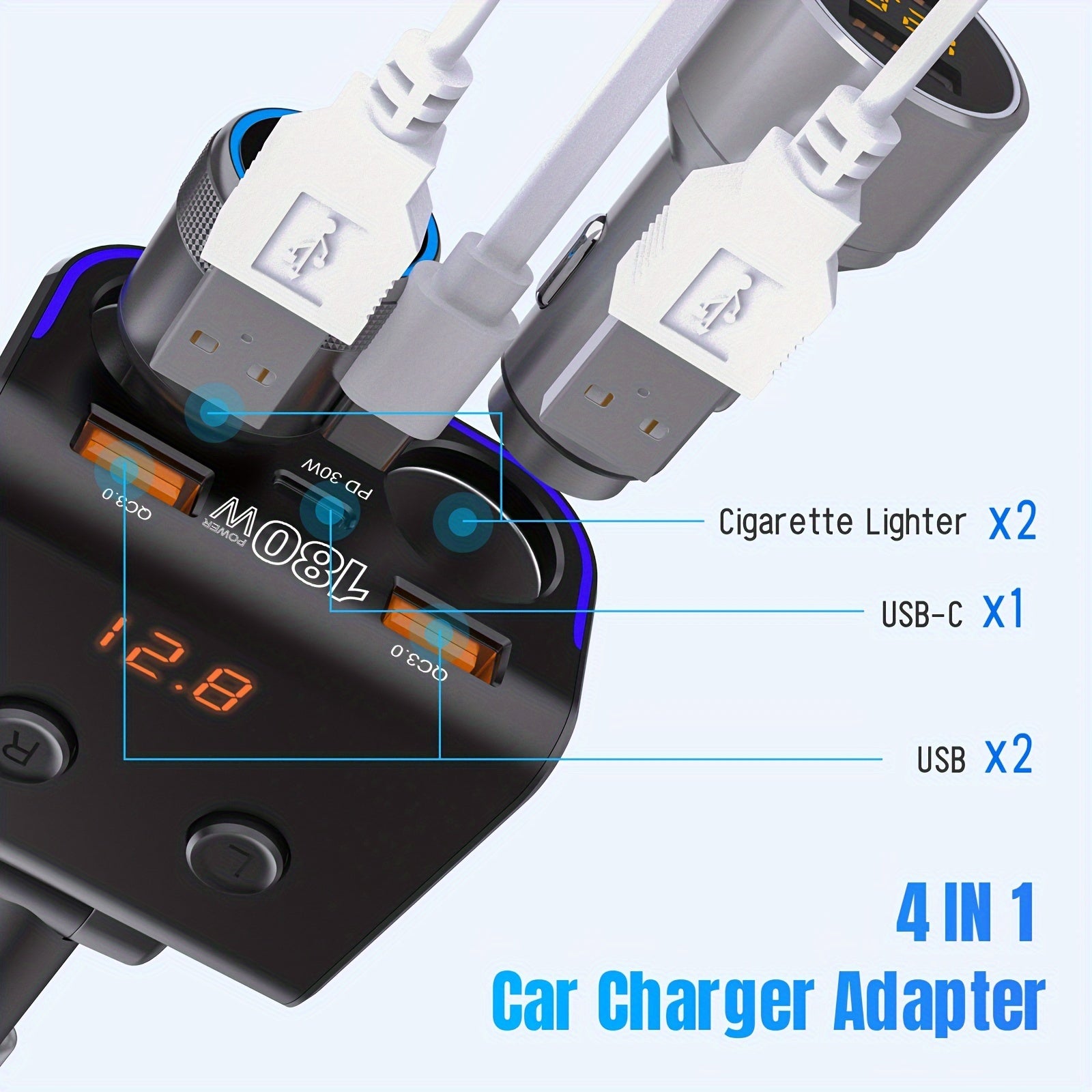Dual QC3.0 Cigarette Lighter USB Charger 180W Car USB Charger with QC3.0 & PD Car Phone Charger Cigarette Lighter Splitter with LED Voltage Display For Phone, iPad, GPS, Dash Cam and More