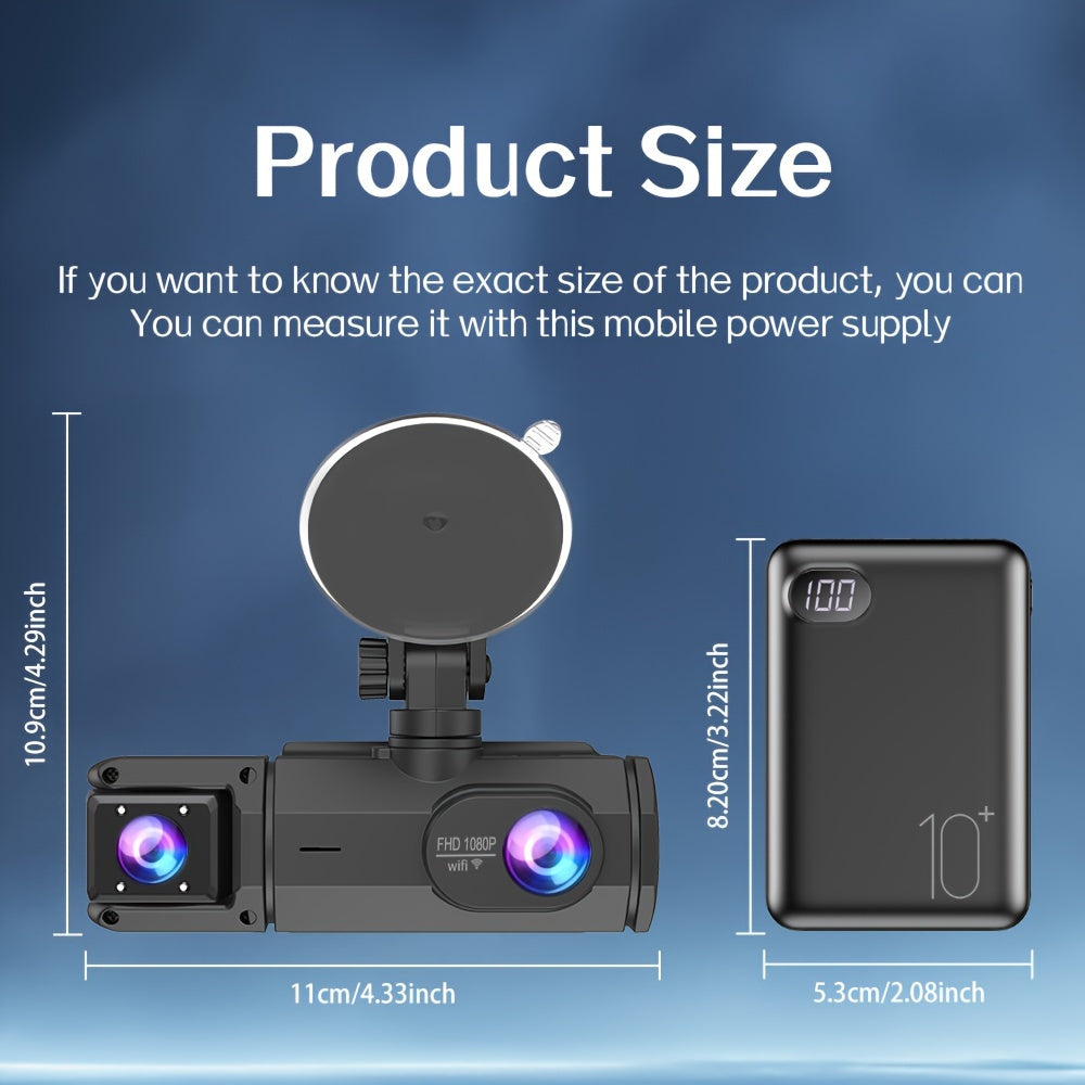 32GB 2.0 Inch IPS Screen 3-Channel Dash Cam - Wide 170° Angle, WIFI, Loop Recording, G-Sensor, Front Inside Rear Camera - Night Vision, Motion Detection, Parking Monitor, and More