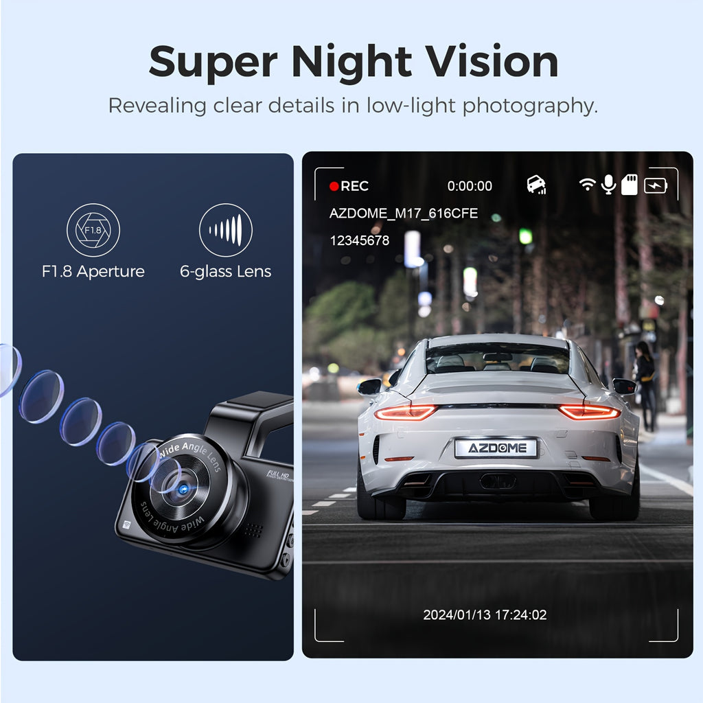 3-Inch Large Screen M17 HD 1080P Front Dash Cam - 6-Glass Lens Super Night Vision, 150° Adjustable View Angle, ADAS, WiFi, Time Lapse Video, G-Sensor, Endless Loop Recording, Parking Mode, Super Capacitor, Simple Installatio