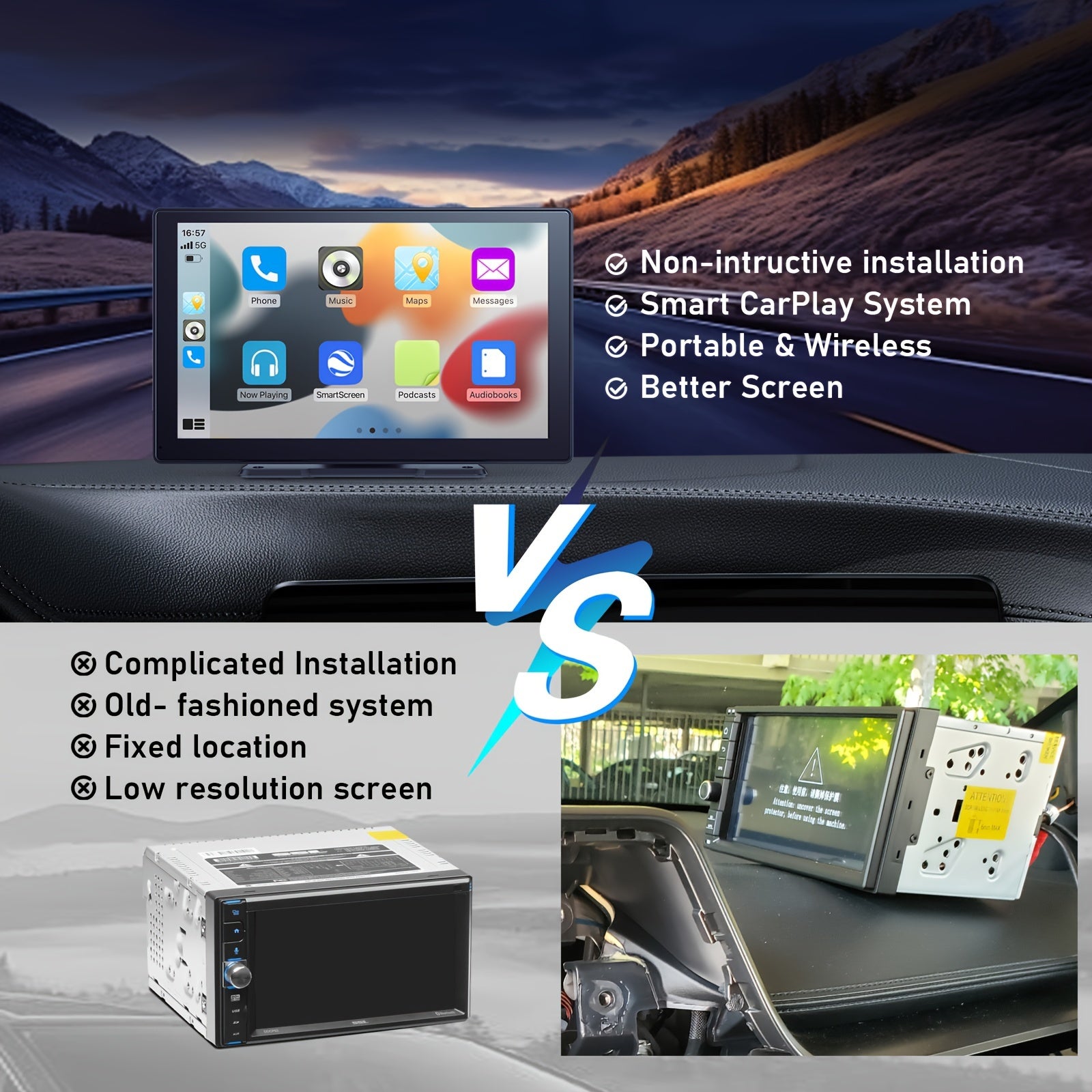 9-Inch Portable Wireless Car Player - Car Video with 4K Dash Cam, 64G TF Card, Android Auto Car Play, Voice Control, Phone Holder, Mirro Link, Navigation Screen and Upgraded Car Audio Receiver
