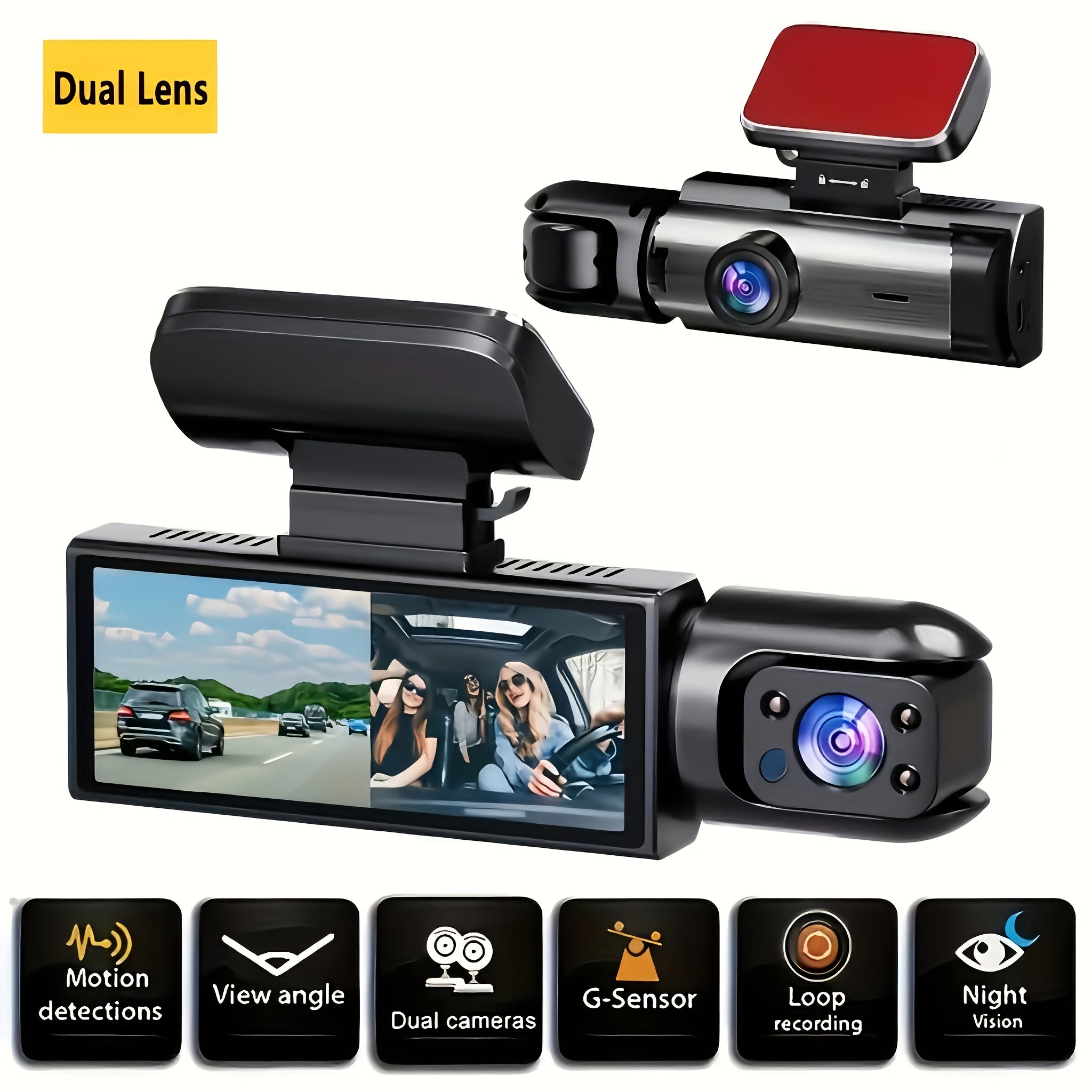 [1080P Dual Camera Dash Cam] 1080P Dual Camera Dash Cam with IR Night Vision, Loop Recording, Wide Angle Lens - 3.16 Inch IPS Screen, 32GB SD Card Optional