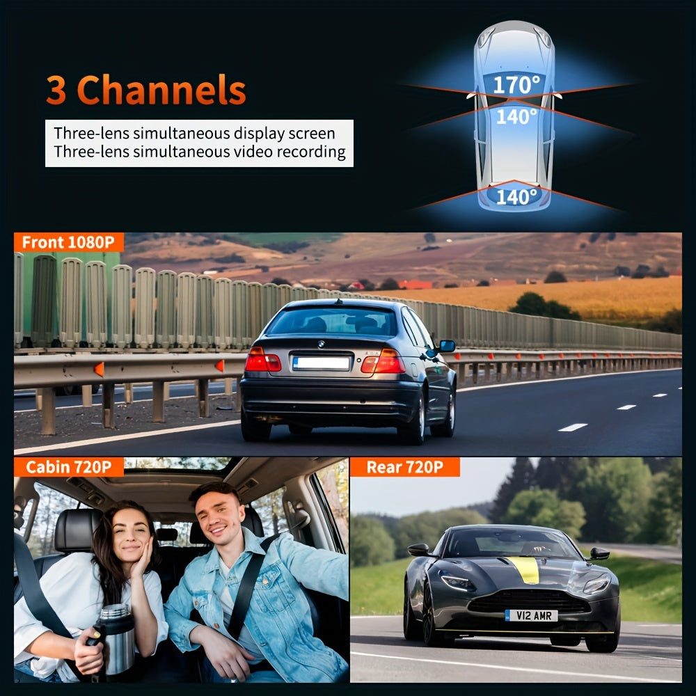 3 Channels Dash Cam Front And Rear Inside 1080P Mirror Camera Dash Camera For Cars, Dash cam Three Way With Night Vision Loop Recording 10 Inch Touch Screen Car Camera, Free 64GB SD card. Built-in Wifi and Super Night Vision,