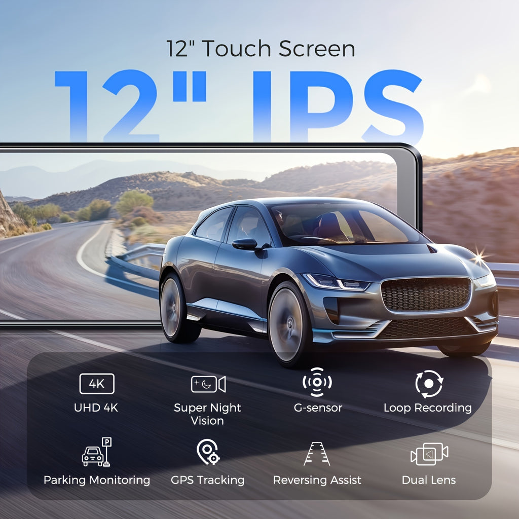 4K AZDOME PG19X  Full Touchscreen Dash Cam 12" with GPS, Split-Screen Display Rear View Mirror Camera, Front and Rear 4K+1080P Dual Car Recorder Built-in Parking Monitor, Night Vision, Loop Recording, 64GB Card, Easy to Insta