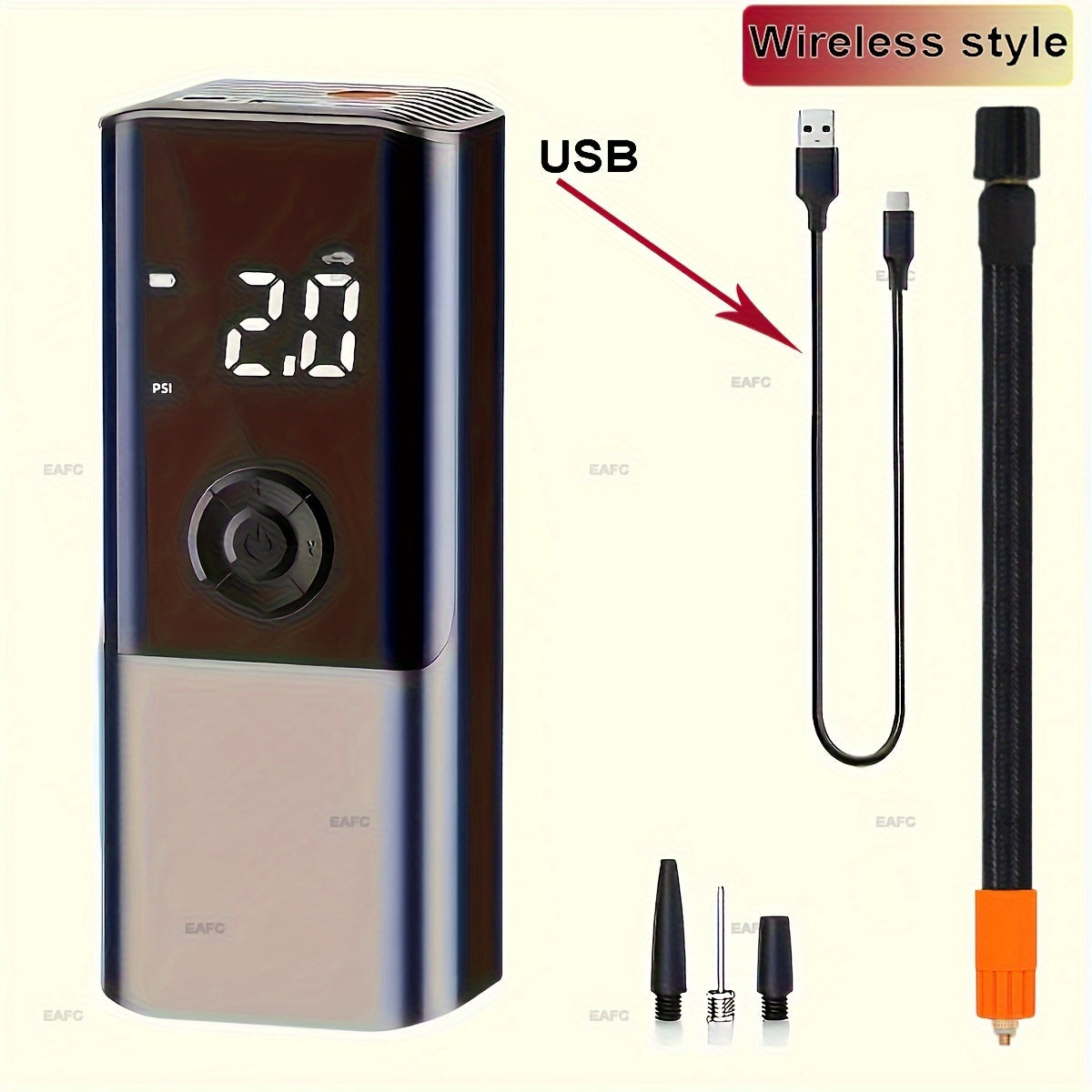 Portable Electric Car Tire Inflator Pump, USB Charging with Digital Display, Rechargeable Lithium Battery, LED Light, for Car Bike Motor Balls, ≤36V Operating Voltage, USB Type-C Connector, 1500mAh Capacity
