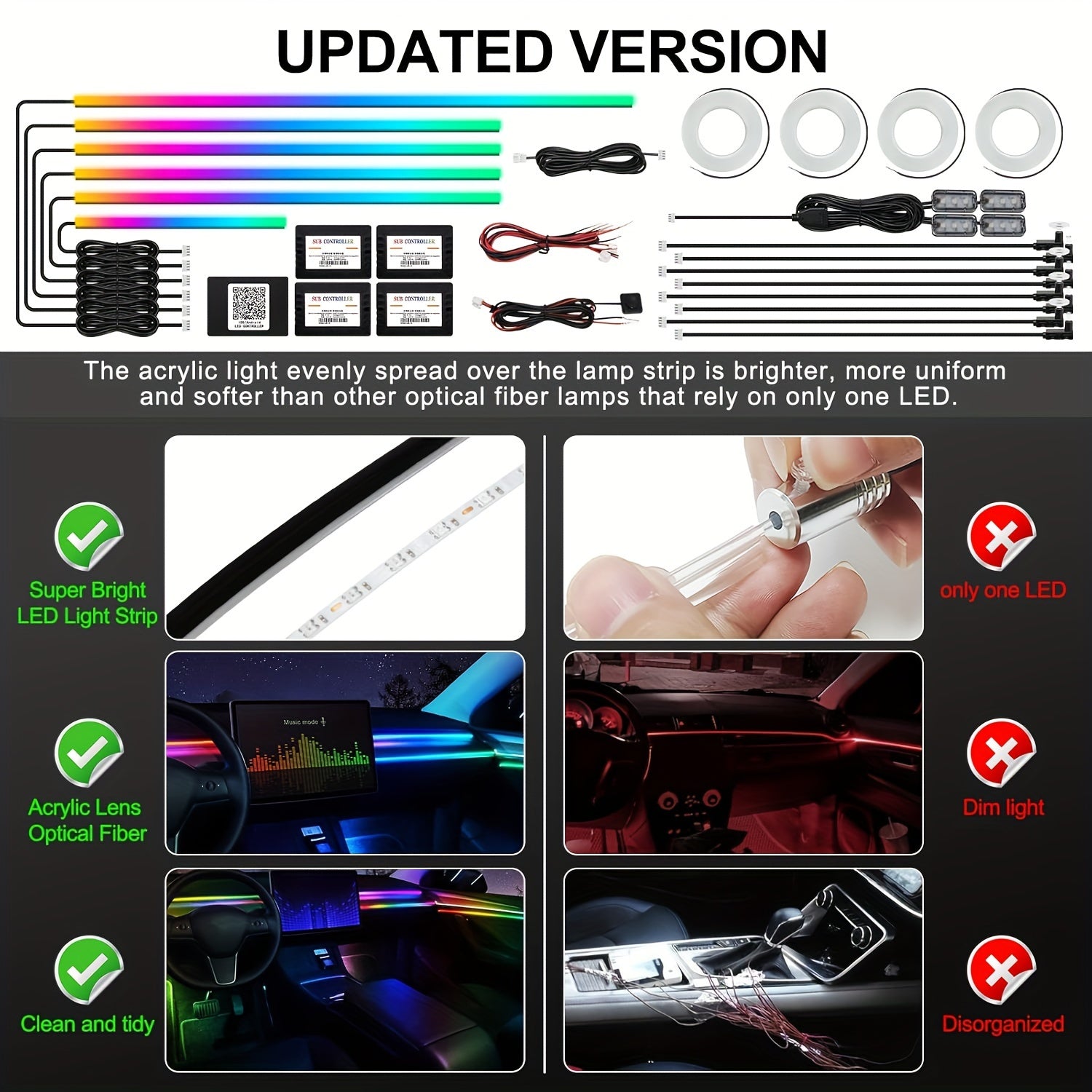 Acrylic Interior Car LED Strip Light With Wireless APP, RGB 22 In 1 With 175 Inches 593 LEDs Fiber Optic Ambient Lighting Kits, 16 Million Colors Sound Active Function Car Neon Lights, Cool Car Chassis Atmosphere Lights For N