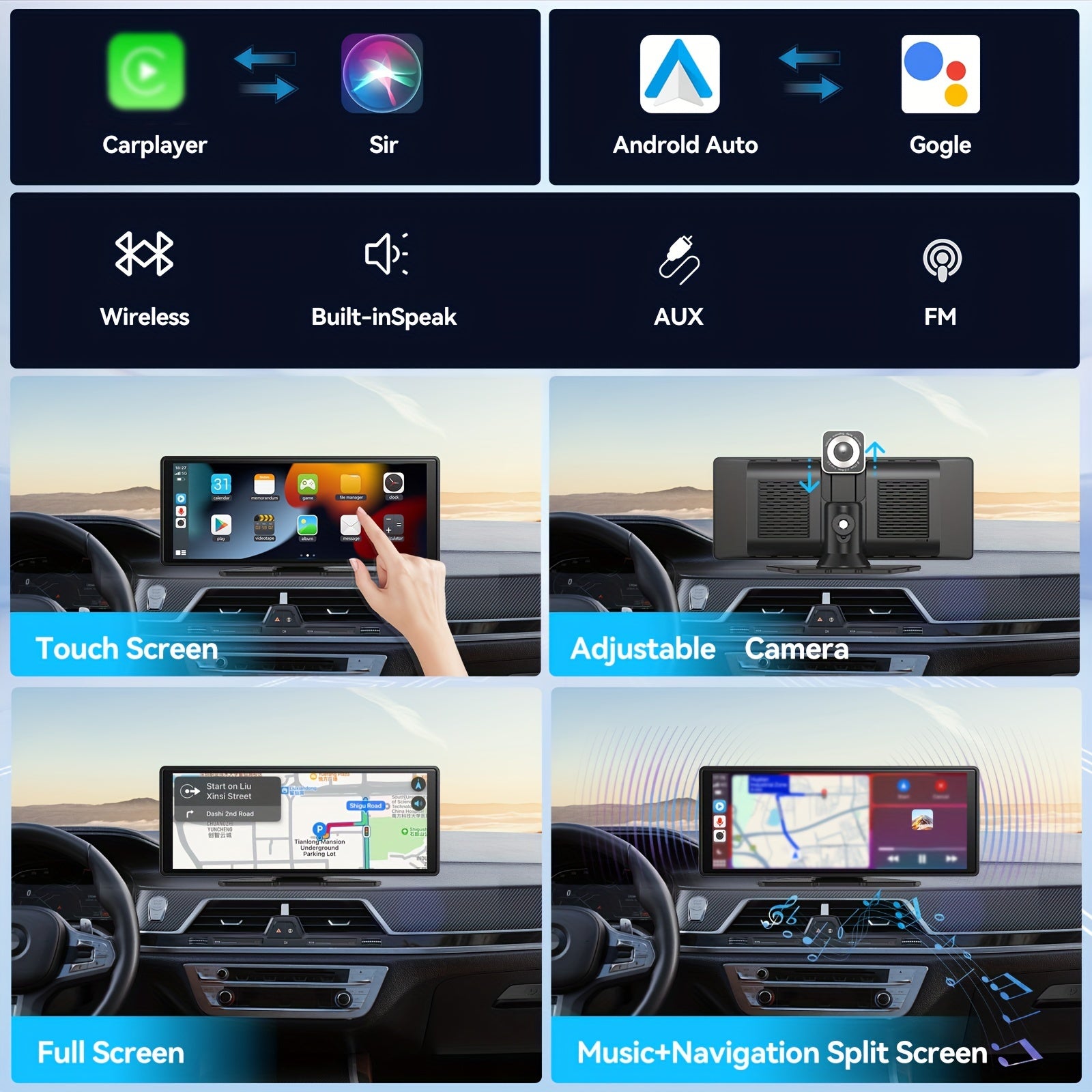 10 Inches Portable Carplayer With 1080p Dash Cam, Mirro Link, Car Audio Receiver With AUX 64G TF Card Voice Control, Phone Holder, Wireless Android Auto Car Play Screen For Car, Voice Control
