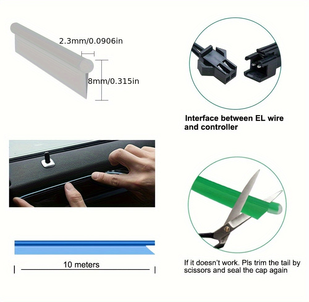 El Wire Pink  Interior Car LED Strip Lights, 10M Neon Wire USB 5V with Fuse Protection for Automotive Car Interior Decoration with 6mm Sewing Edge