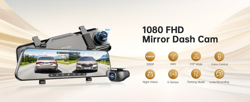 10'' Rear View Mirror Full Touch Screen Mirror Dual Camera, Smart Rearview Mirror For Cars & Trucks, Dash Cam Front 1080P and Rear 720P, App Control With WiFi And GPS, English Voice Control, WDR Super Night Vision, Parking Mo