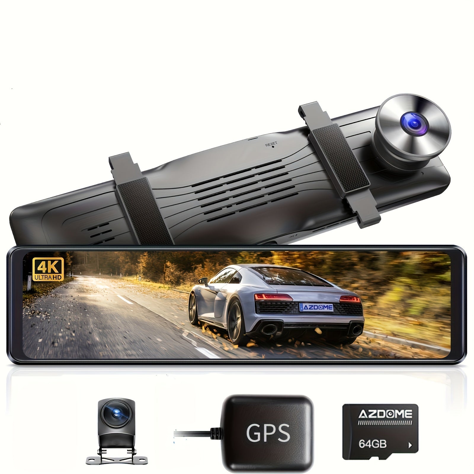 AZDOME 12" 4K Mirror Dash Cam, 4K Mirror Dash Cam with Touch Screen, Front And Rear, Rearview Mirror Camera, Split-Screen Display Rear View Mirror Camera, Dual Dash Camera for Cars, Night Vision, Parking Monitor, 64GB Card &